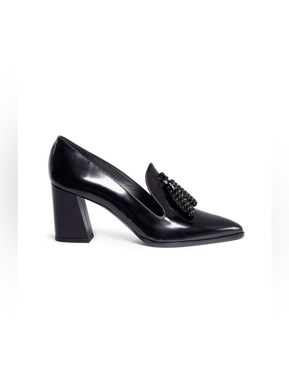 Stuart Weitzman 75mm $650 Broom black leather studded-tassel pump LC